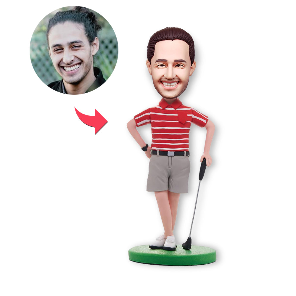 Custom Bobblehead Personalized Bobblehead Golfer Posing In Red Shirt